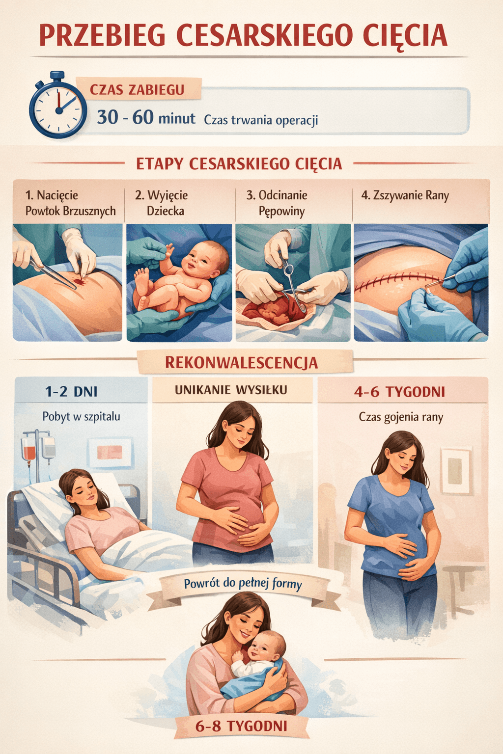 Przebieg cesarskiego cięcia: czas, etapy i rekonwalescencja